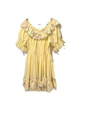 Vintage 70s Yellow Prairie Dress Eyelet Cotton Romantic Boho Midi Peasant Granny